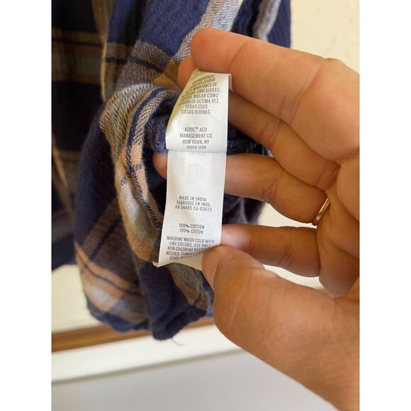 AERIE XXL BLue White Plaid Button Up Collared Shirt Oversized Brushed Cotton - Picture 8 of 8